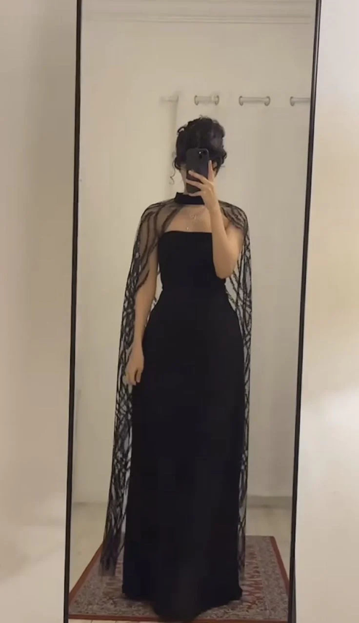 TingPo Wholesale Elegant A Line Strapless Black Satin Prom Dress Evening Dresses Without Cape